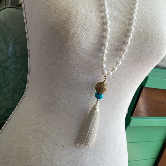 Turquoise and white wooden bead tassel statement necklace - Picture 2 of 5